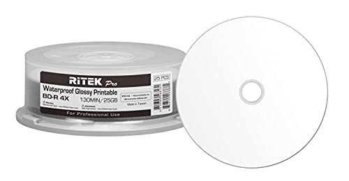 Image of 25 Pack Ritek Pro (Professional Grade) BD-R Blu-ray 4X 25GB Watershield Water Resistant Glossy White Inkjet Hub Printable Blank Recordable Disc