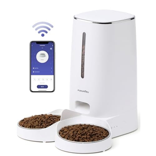 FUKUMARU Distributore Automatico Cibo Gatti, 4L Distributore Cibo Cani con 2 Ciotole in Acciaio Inox, 10 Pasti al Giorno e Controllo del Timer,Consumato per Circa 20 giorni.2.4G WiFi. USB e Batterie