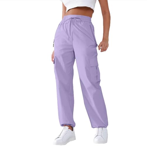 Womens Sweatpants Straight Leg Cargo Barrel Baggy Pants High Waist Joggers Fall Clothes Casual Daily Wear with Zipper Pockets Purple