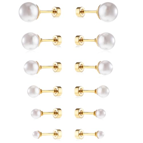 6 Pcs Flat Back Pearl Earrings for Women Gold Pearl Earrings Cartilage Piercing Earring Pearls Exquisite Pearls Earring for Gift Giving (3-8mm)
