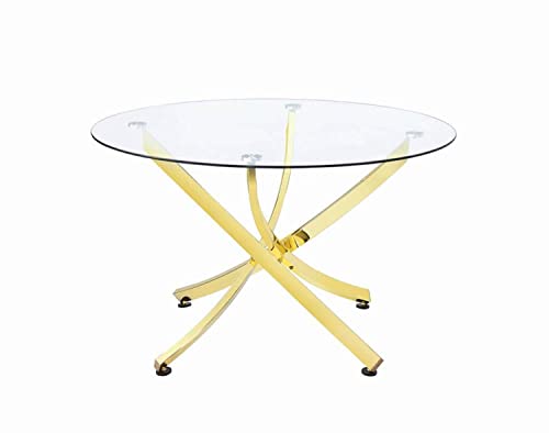 Coaster Home Furnishings Beckham Modern Contemporary Round Dining Table Tempered Glass Top Asterisk Metal Base Polished Brass #TOP1