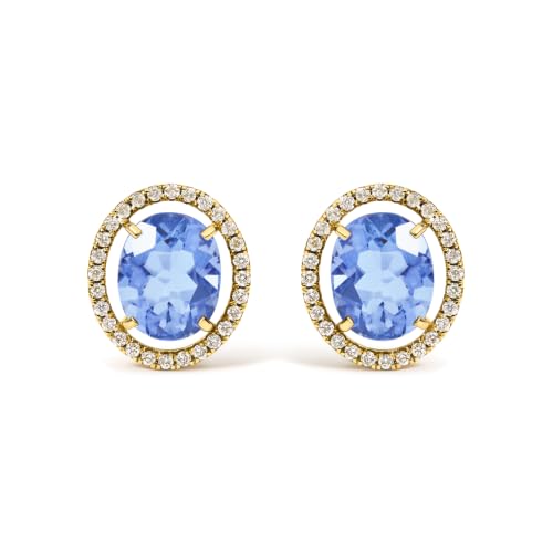 18K Yellow Gold 8X10 MM Blue Fluorite Oval and 1/2 Cttw Diamond Halo Stud Earrings