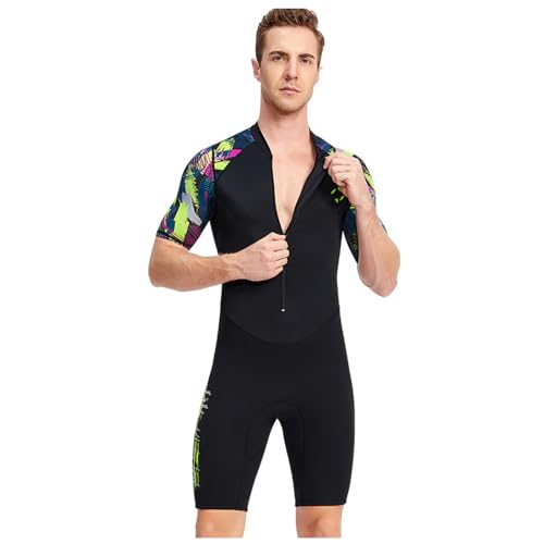Mens One Piece Shorty Wetsuit, Quick-Drying Diving Suit Top and 1.5mm Neoprene Diving Pants, Front Zip Swimwear,L,Black