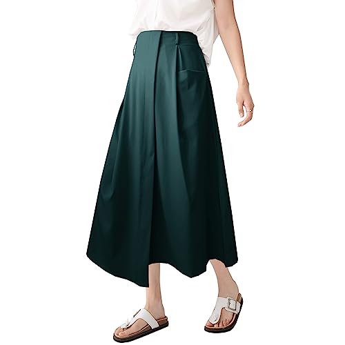Women's High Waist Elastic Waist A-Line Midi Skirt with Pockets