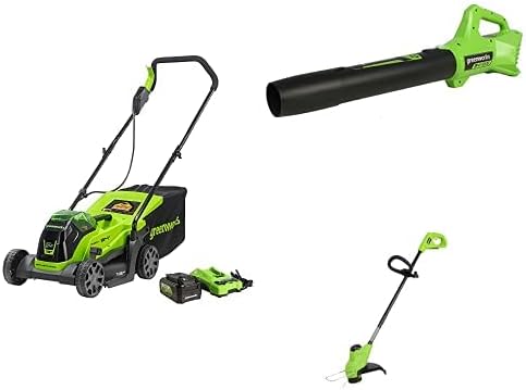Greenworks 24V 13" Brushless Lawn Mower, Blower, String Trimmer, 4.0Ah USB Battery and Charger Included