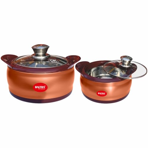 Image of BALTRA Crown Stainless Steel Serving Casserole Set 100% Food Grade with Glass Lid | PUF Insulated Chapati Casserole for Daily Use & Gifting | Hot Box /Roti Box (Crown Set of 2 (1000+1500ml)