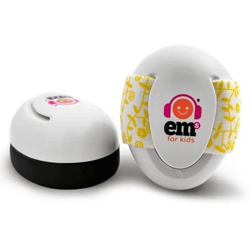 EMS 4 bubs Casque Anti-Bruit pour bébé! Casque antibruit idéal pour Concerts/fête de la Musique/Voyage ! Protection Auditive - Réduction du Bruit 25dB (Coque Blanche -Bandeau Jaune Fleurs) Cover