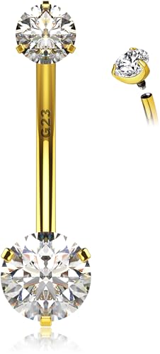 14K Gold Titanium Belly Button Rings Internally Threaded with Grade AAAAA Cubic Zirconia - G23 Implant Grade Titanium Gold Belly Button Rings - 14g Bar Navel Ring Piercing Jewelry Internal Thread Bellybutton Ring For Women 14mm 9/16