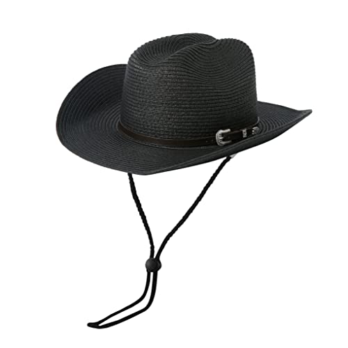 Lanzom Mens Womens Straw Cowboy Hat Shapeable Sun Hat Wide Birm Fedora Panama Beach Hat (Large, Black)