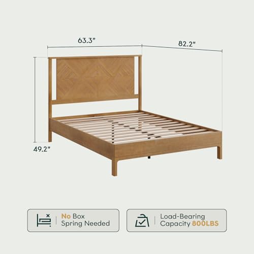 Image of Bme Ethan Queen Bed Frame with Diamond Headboard, Mid Modern, Solid Acacia Wood, No Box Spring Needed, Fits All Mattresses, Rustic Seadrift