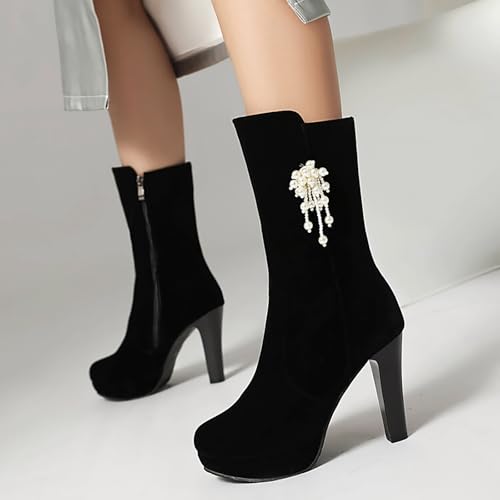 Women'S Suede Pearl Pendant Platform Stiletto Heel Ankle Boots Autumn Winter Fashion Side Zipper High Heel Dress Short Booties Sexy Round Toe Heel Mid Calf Boots4