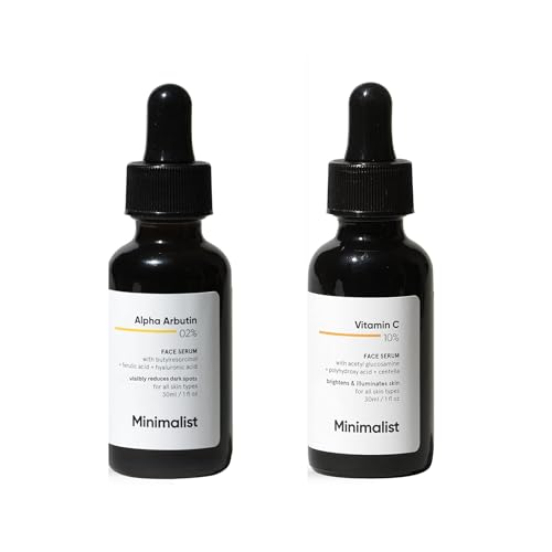 Minimalist Brightening Combo | 10 % vitamina C + 2 % suero facial Alpha Arbutina | Fades Dark Spots, Pigmentation & Acne Marks | Boosts Glow, Hydration & Even Skin Tone | Para mujeres y hombres | All