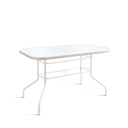 THE SECRET HOME - Mesa Rectangular de Metal con Base de Cristal Texturizado - Alto. 70 cm x Ancho. 120 cm - Color Blanco - Mesa para Exteriores - Ideal para Jardín, Terraza, Patio o Balcón