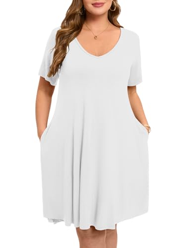 Image of ZENNILO Women's Plus Size Swing Dress with Pockets Casual Summer Dresses V Neck Short Sleeve T Shirt Dress for Women