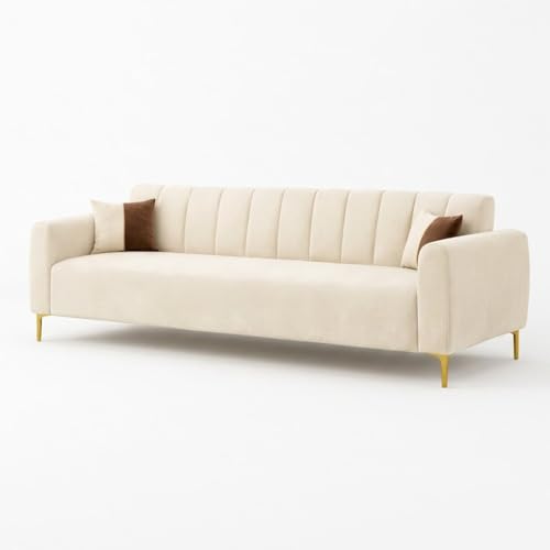 Image of Habibi Rich Velvet Suede 3 Seater Sofa Set | Spacious Soft Touch Comfort Seating | Modern Sofa for Living Room (Cream)