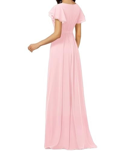 Women's Crewneck Bridesmaid Dresses Short Sleeve Floor Length A-Line Pleated Chiffon Evening Dress2