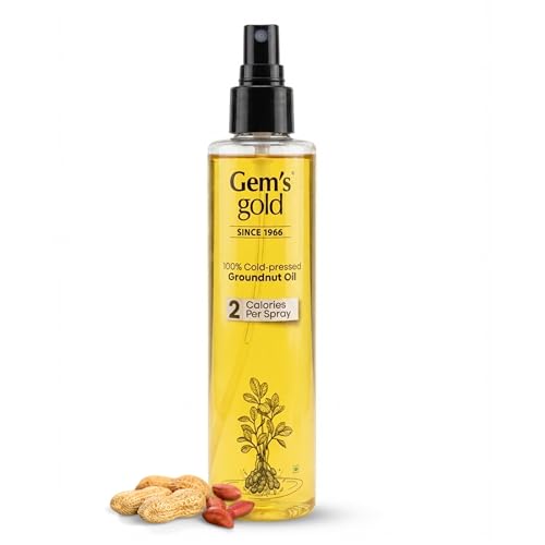 Image of Gem's Gold Cold pressed Groundnut Cooking Oil 200 ml | Reusable Spray Helps Consume 90% lesser Oil | Peanut Oil | Marachekku, Chemical Free, Kacchi Ghani, Chekku | Ideal for Dosa, Paratha, Amlet & Air frying