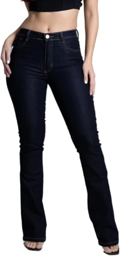 Calça Jeans Sarja Feminina Sawary Boot Cut Flare, Boca de Sino, Com Elastano, Cintura Média (BR, Numérico, 42, Regular, Regular, Azul Indigo)
