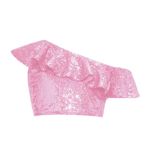 Girls One Shoulder Sequins Vest Sparkly Glitter Tank Crop Top Kids Performance Dance Cami