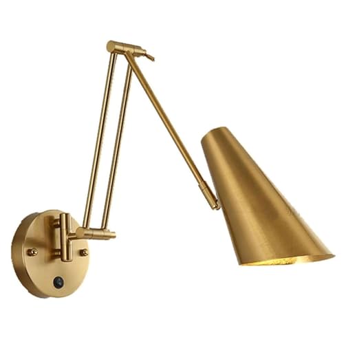 QICBYING Aplique De Pared Con Brazo Oscilante Ajustable - Lámpara De Brazo Oscilante Largo Plegable Telescópica Giratoria, Lámpara De Noche Vintage Regulable E27 Con Interruptor Y Enchufe(Gold)