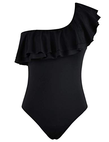 Hilor Women s One Piece Swimsuits One Shoulder Swimwear Asymmetric Double Ruffles Bathing Suits Black 8