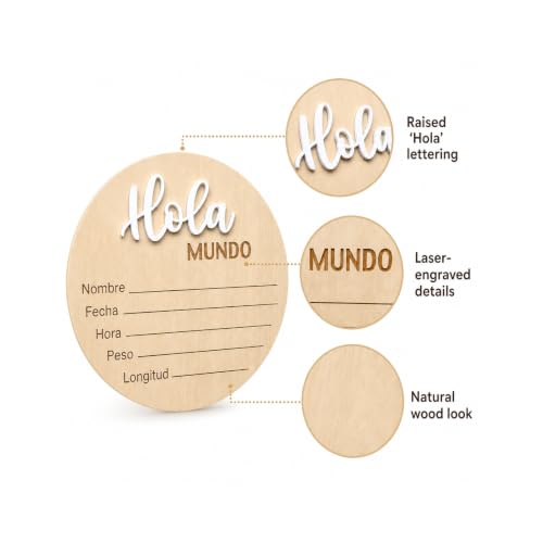 Image of Spanish Baby Birth Announcement Sign - Hola Mundo Wooden Newborn Board | Wooden Spanish Hola Mundo baby announcement disc with 3D letters and a marker to record newborn birth details.