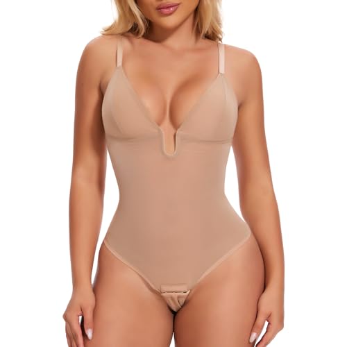 JOYSHAPER Women's Backless Shapewear For Wedding Dress V Neck Low Back Strapless Shapewear Bodysuit U Plunge Bodysuit Nude M