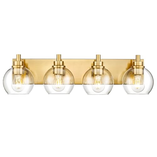 Image of Bathroom Light Fixtures, 4 Light Brushed Gold Vanity Light, 26 Inch Modern Wall Sconces with Globe Clear Glass Shade, Vanity Lighting Fixtures Over Mirror, VL195-BG-CL-4