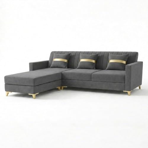 Image of CASASTYLE Groovy 4 Seater L Shape Sofa Set with Movable Ottoman | Flexible Left or Right Layout | Cozy Velvet Fabric | Soft Touch Seating | Modern Designer Sofa for Living Room (Dark Grey)
