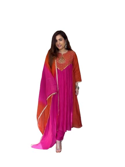 Image of YESHA FASHION STORE Maroon,bright magenta,Teal blue Embroidered Anarkali Suit with Dupatta