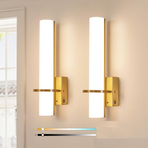 Image of AIJIASI Battery Operated Gold Wall Sconces - 15 Inch Modern Sconce Wall Lighting 3000K-6000K Dimmable LED Wall Sconces Set of Two, Indoor Bathroom Sconce for Living Room Bedroom Hallway Stairway