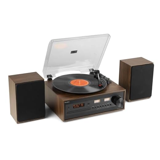 Audizio Boston - Tocadiscos Retro HiFi con Bluetooth, CD MP3, USB, Radio Dab+, Altavoces estéreo, Entrada AUX, Salida Auriculares, 3 velocidades, Mando a Distancia y vúmetros iluminados