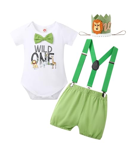 DLLYING First Birthday Outfit Boy Baby 1st Wild One Safari Animal Theme Short Sleeve Romper + Suspenders Shorts + Crown 1 Year Old Cake Smash Party Decorations Photoshoot Clothes Green 12-18 Months