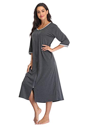 Kasual Womens Zipper Front Robes 3/4 Sleeve Housecoat Long Nightgowns Loose Loungewear with Pockets2