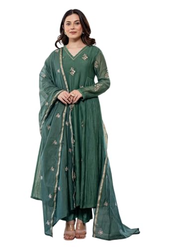 Kurta brodé pour femme Yashika vert avec pantalon Dupatta M