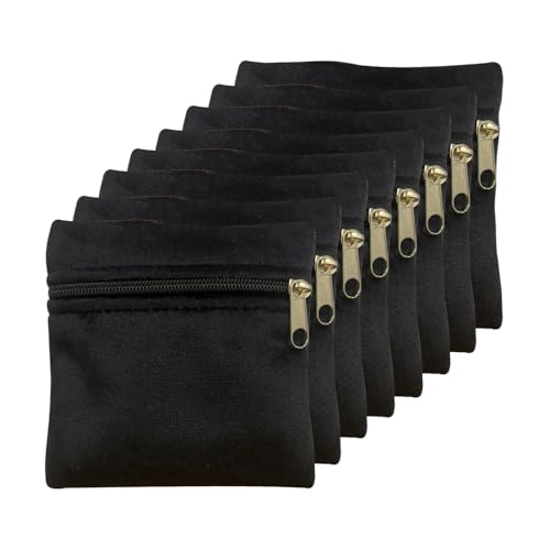 wanerxin 8pcs Small Velvet Jewelry Pouches with Zipper Gift Bags for Bracelet Necklace,Ring,Earrings,Earphone,Wedding Favors, Party Favors,Travel,3.94" X 3.94" (Black)