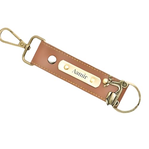 Image of Personalized Leather Keychain with Custom Name and Metal Charm, PU Leather with Hand Stitching, Adjustable Keyholder