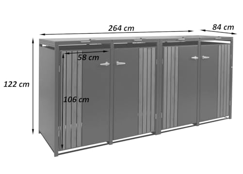4er-Mülltonnenverkleidung HWC-O67, Mülltonnenbox mit Deckel, Metall 122x264x84cm 104kg - anthrazit Edelstahl
