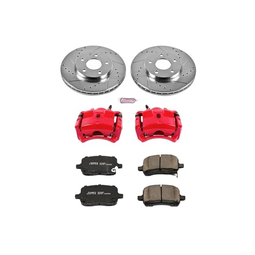 Image of PowerStop Front Brake & Caliper Kit for Chevrolet Malibu 2004-08 | Pontiac G6 2006-07 - Carbon-Fiber Ceramic Brake Pads + Drilled & Slotted Rotors + Red Powder Coated Calipers, KC1617