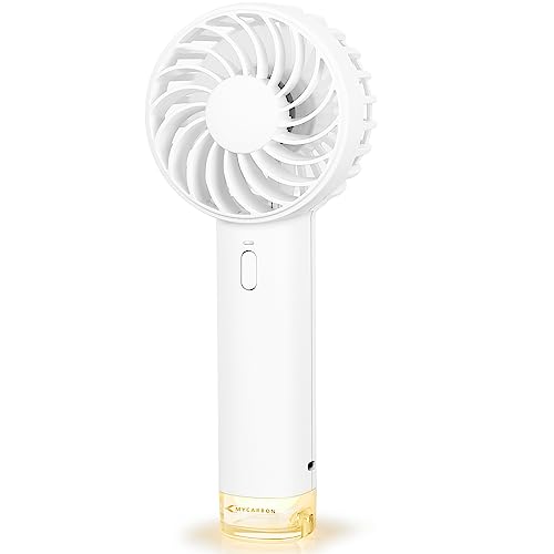 MYCARBON Ventilador de Mano 2000 mAh Recargable Ventilador Portátil Turbo Viento 3 Velocidades Ajustables Ventilador USB con Muñequera LED Luz, MF10 Blanco