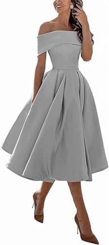 Image of Knee-Length Satin Off Shoulder Homecoming Dress Short Prom Cocktail Party Dress for Junior