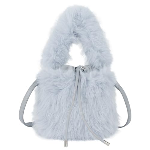 MEGAUK Women's Autumn Winter Bucket Bag Pouch Bag Faux Fur Handbag Fluffy Shoulder Bag Plush Shoulder Bag with Drawstring for Girls, 07158 Blue