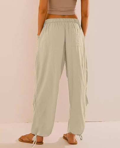 Image of Women's Linen Balloon Barrel Beach Pants Boho Harem Flowy Drawstring Casual Loose Pants with Pockets