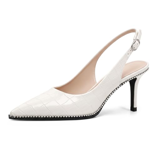Image of YODEKS Slingback Heels for Women Pointy Toe Beaded Heels Close Toe Kitten Heel Pumps 2.5 Inch Stiletto Pumps Wedding Party Dressy Shoes