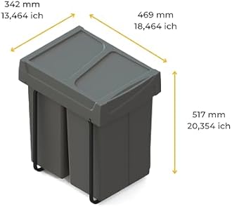Emuca - Recycling container for the kitchen, floor mounting and hand extension, 2 x 25 l, plastic anthracite grey