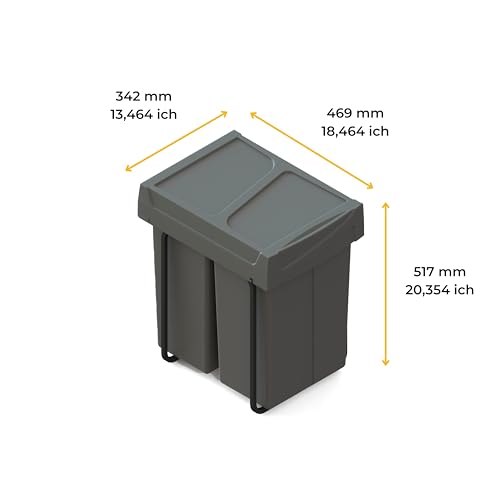 Emuca - Recycling container for the kitchen, floor mounting and hand extension, 2 x 25 l, plastic anthracite grey