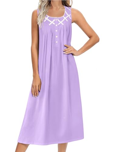 Ekouaer Nightgowns for Women Cotton Long Night Gown Sleeveless Sleep Dress Victorian Nightdress Ladies Sleepwear Light Purple X-Large