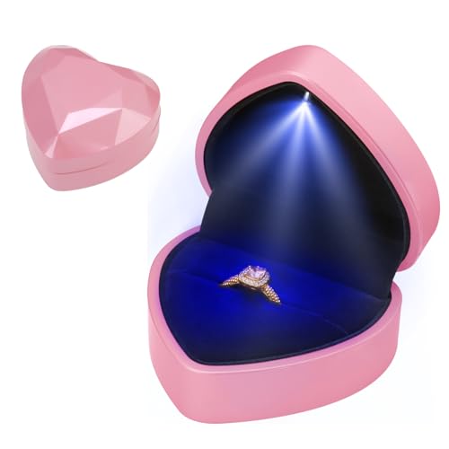 Ring Box With LED Light for Valentine's Day, Heart Shape Jewellery Gift Box Ring Organiser Earring Storage Diamond Luxury Storage Box Case Display Holder for Women Proposal Wedding Engagement (Pink)