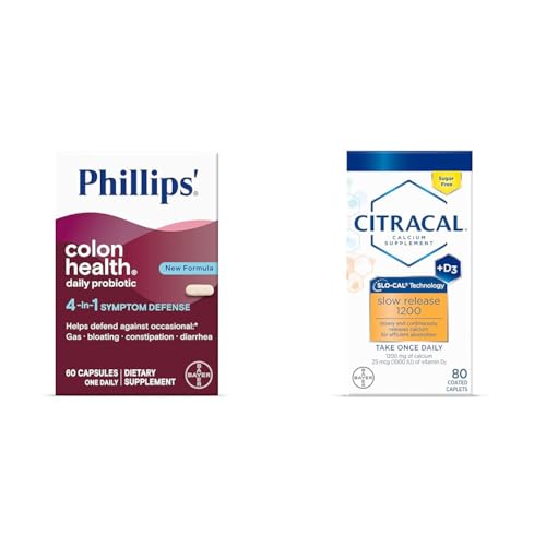 Phillips' Colon Health Daily Probiotic Capsules, 4-in-1 Symptom Defense & Citracal Slow Release 1200, 1200 mg Calcium Citrate and Calcium Carbonate Blend