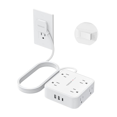 Image of TESSAN Surge Protector Power Strip, 10 Ft Flat Plug Extension Cord with 3 USB (1 USB C) 8 Outlets, 1250W, 900J Protection, 3 Sided Outlet Extender with Power Switch for Office, Dorm Room, White